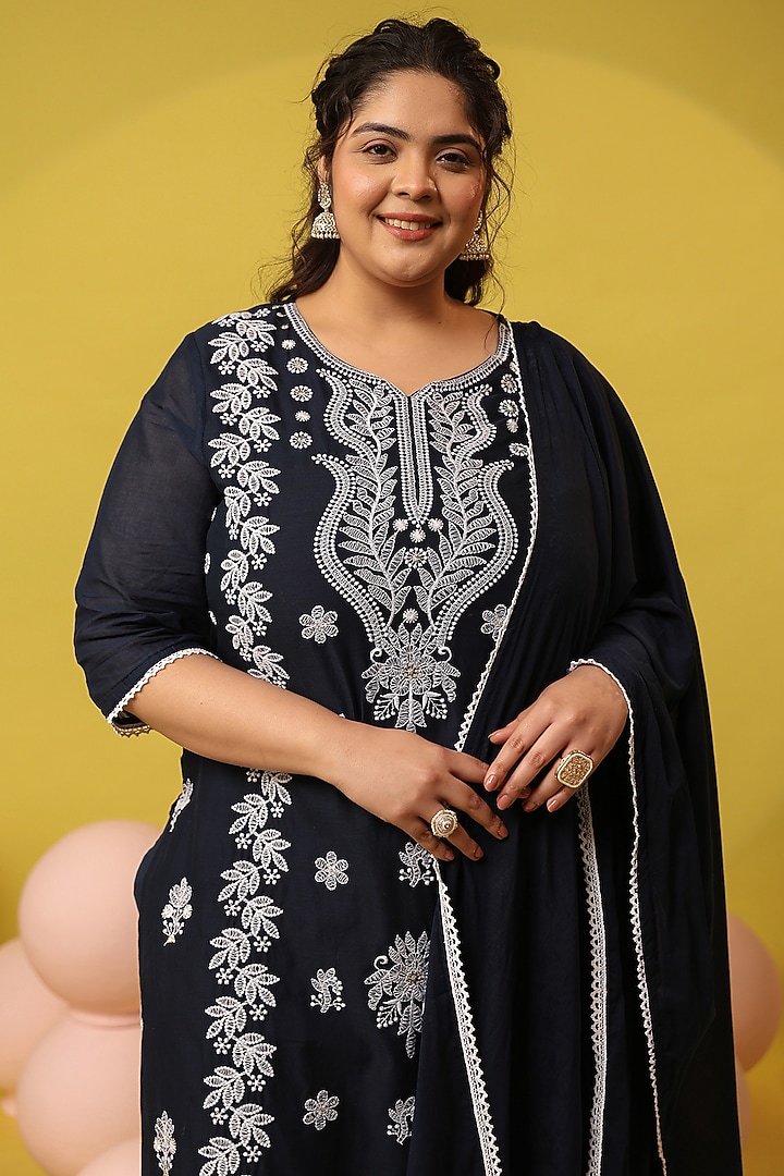 Navy Blue Cotton Mulmul Chikankari Embroidered Kurta Set by Scakhi Luxe at Pernia's Pop Up Shop