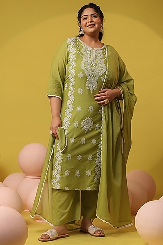 Green Cotton Mulmul Chikankari Embroidered Kurta Set by Scakhi Luxe