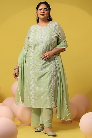 Green Cotton Mulmul Chikankari Embroidered Kurta Set by Scakhi Luxe