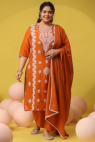 Rust Cotton Mulmul Chikankari Embroidered Kurta Set by Scakhi Luxe