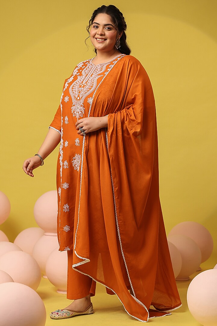 Rust Cotton Mulmul Chikankari Embroidered Kurta Set by Scakhi Luxe at Pernia's Pop Up Shop