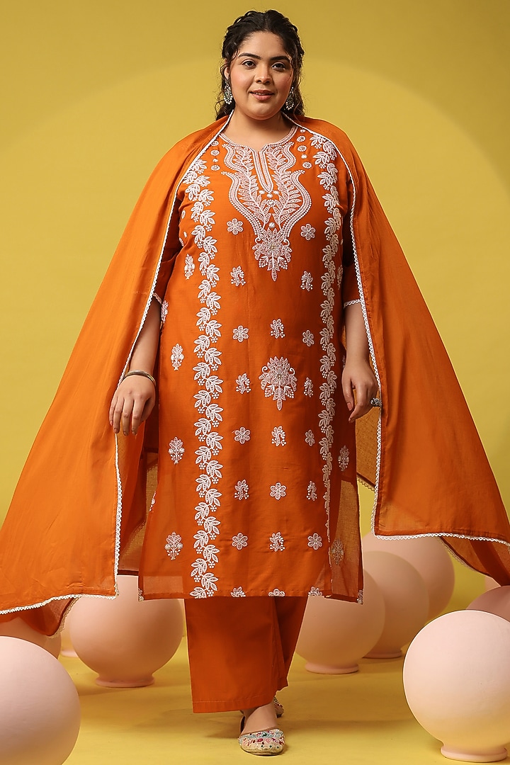 Rust Cotton Mulmul Chikankari Embroidered Kurta Set by Scakhi Luxe at Pernia's Pop Up Shop
