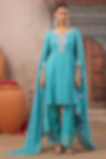 Turquoise Cotton Mulmul Gota Embroidered Short Anarkali Set by Scakhi Luxe at Pernia's Pop Up Shop