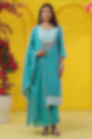 Turquoise Cotton Mulmul Embroidered Straight Kurta Set by Scakhi Luxe at Pernia's Pop Up Shop