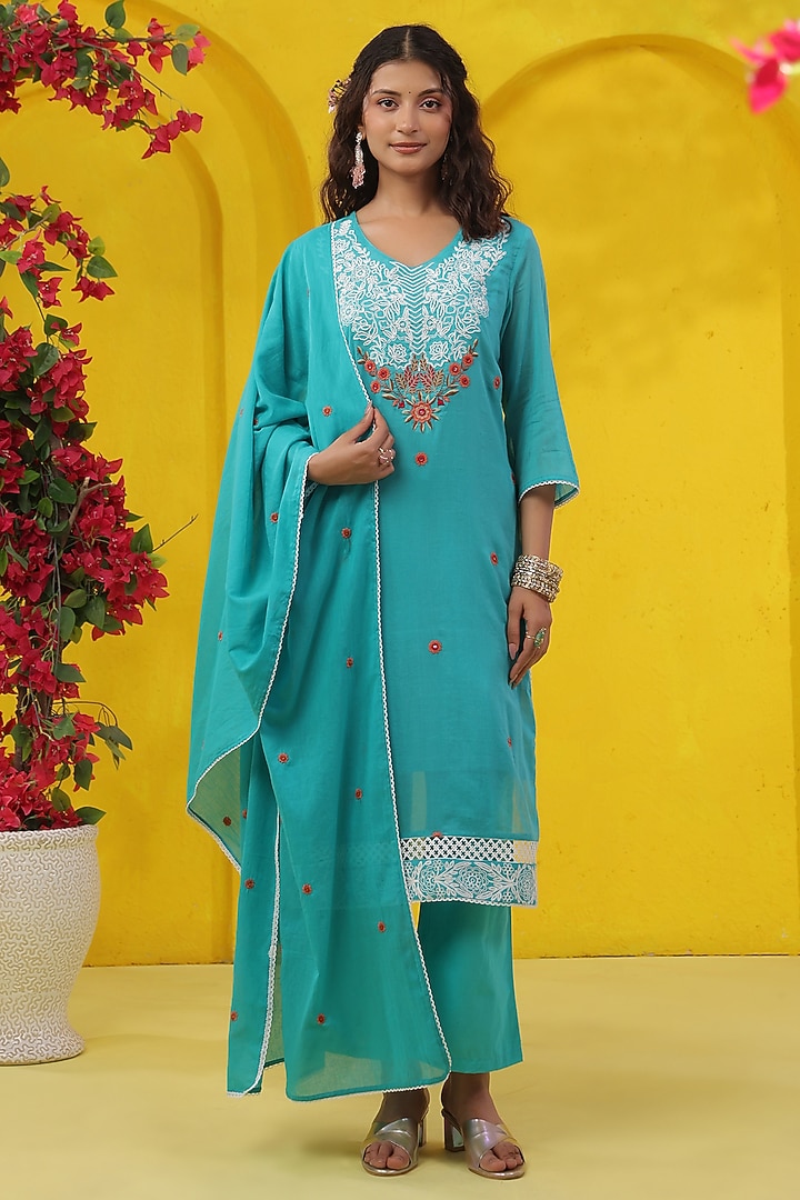 Turquoise Cotton Mulmul Embroidered Straight Kurta Set by Scakhi Luxe at Pernia's Pop Up Shop