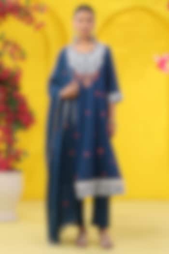 Teal Cotton Mulmul Lace Embroidered Anarkali Set by Scakhi Luxe at Pernia's Pop Up Shop