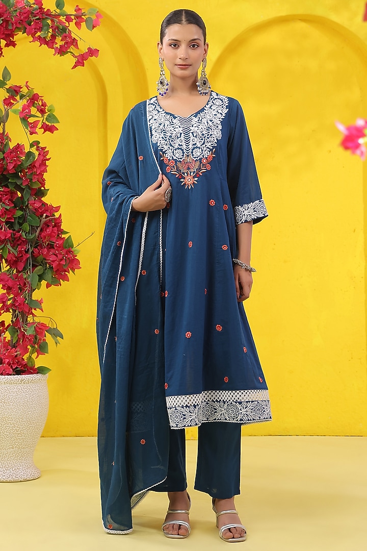 Teal Cotton Mulmul Lace Embroidered Anarkali Set by Scakhi Luxe at Pernia's Pop Up Shop