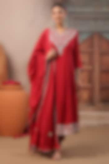 Brick Red Cotton Mulmul Gota Embroidered Anarkali Set by Scakhi Luxe at Pernia's Pop Up Shop