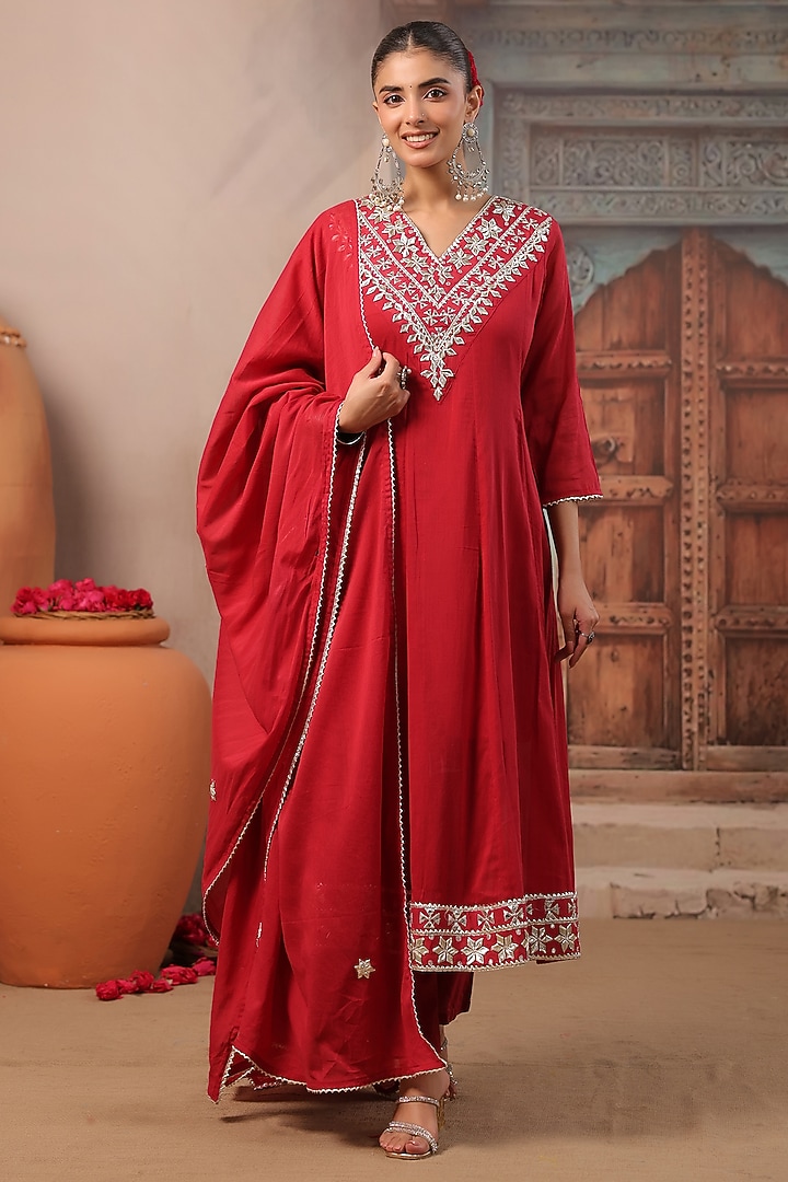 Brick Red Cotton Mulmul Gota Embroidered Anarkali Set by Scakhi Luxe at Pernia's Pop Up Shop