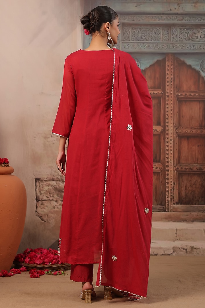 Brick Red Cotton Mulmul Gota Embroidered Anarkali Set by Scakhi Luxe at Pernia's Pop Up Shop