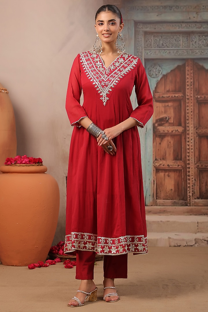 Brick Red Cotton Mulmul Gota Embroidered Anarkali Set by Scakhi Luxe at Pernia's Pop Up Shop