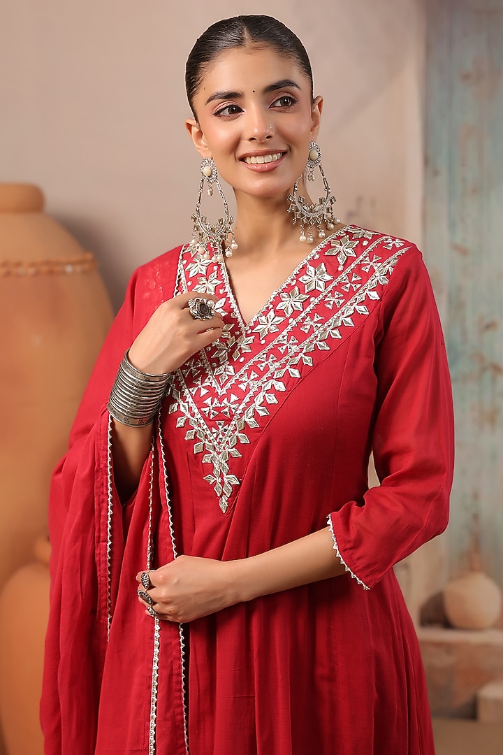 Brick Red Cotton Mulmul Gota Embroidered Anarkali Set by Scakhi Luxe at Pernia's Pop Up Shop