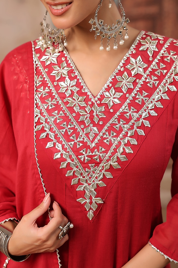 Brick Red Cotton Mulmul Gota Embroidered Anarkali Set by Scakhi Luxe at Pernia's Pop Up Shop