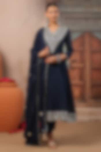 Indigo Cotton Mulmul Gota Embroidered Anarkali Set by Scakhi Luxe at Pernia's Pop Up Shop