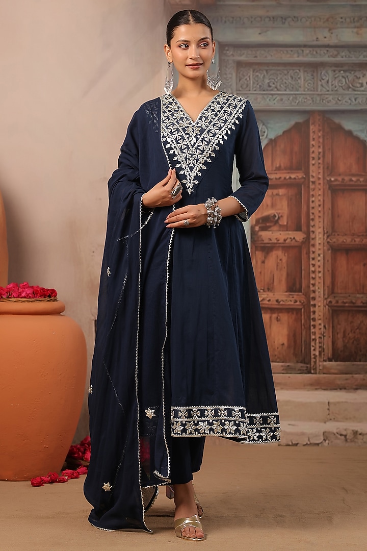 Indigo Cotton Mulmul Gota Embroidered Anarkali Set by Scakhi Luxe at Pernia's Pop Up Shop