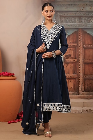 Indigo Cotton Mulmul Gota Embroidered Anarkali Set by Scakhi Luxe