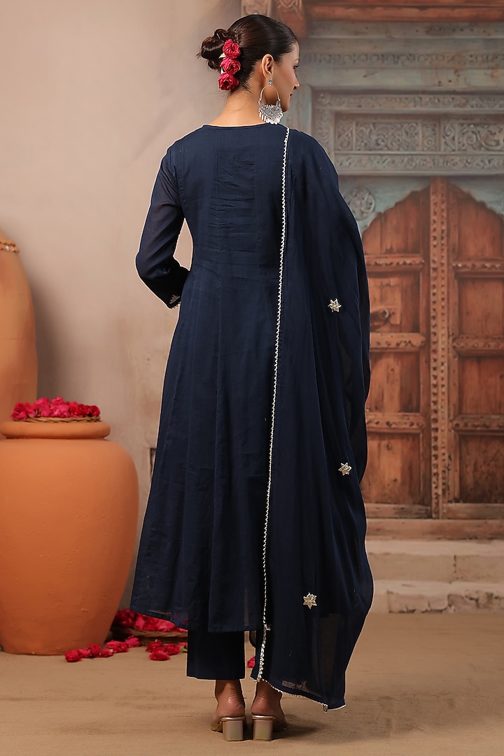 Indigo Cotton Mulmul Gota Embroidered Anarkali Set by Scakhi Luxe at Pernia's Pop Up Shop