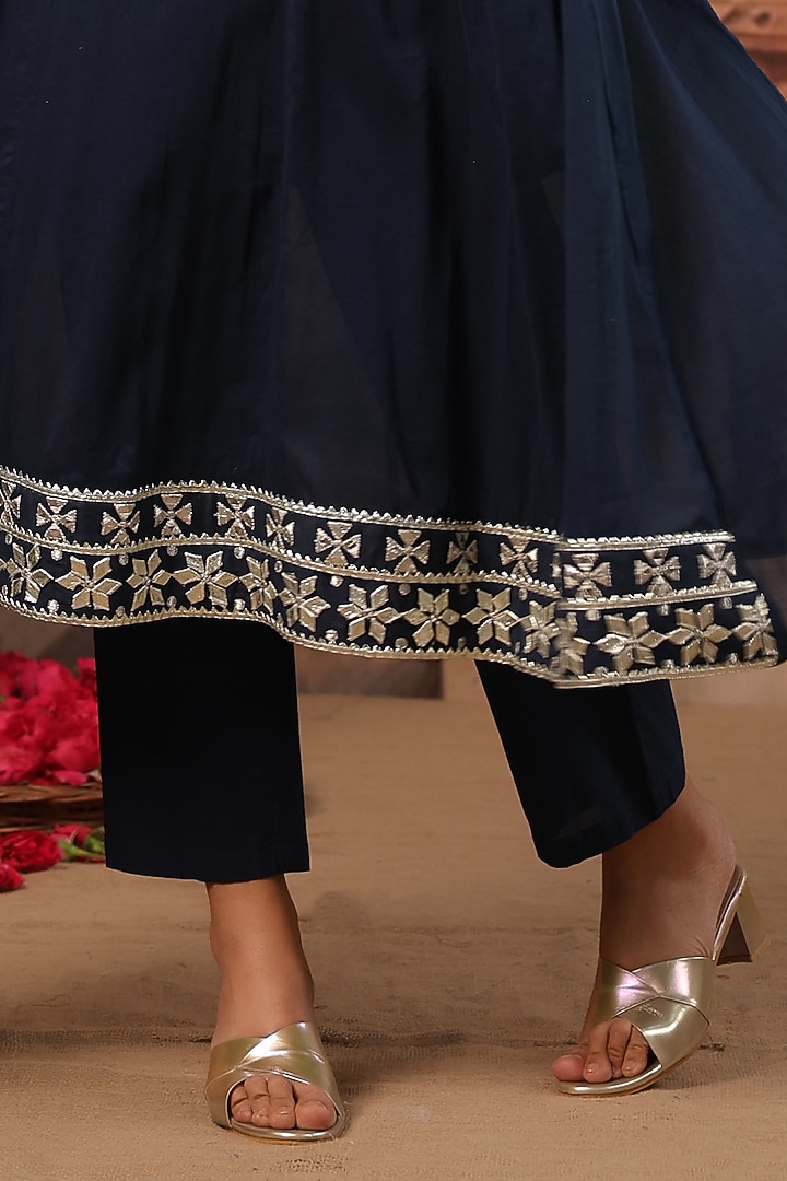 Indigo Cotton Mulmul Gota Embroidered Anarkali Set by Scakhi Luxe at Pernia's Pop Up Shop