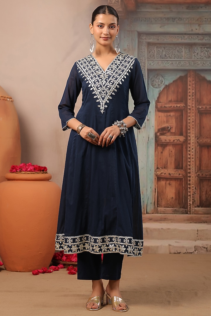 Indigo Cotton Mulmul Gota Embroidered Anarkali Set by Scakhi Luxe at Pernia's Pop Up Shop