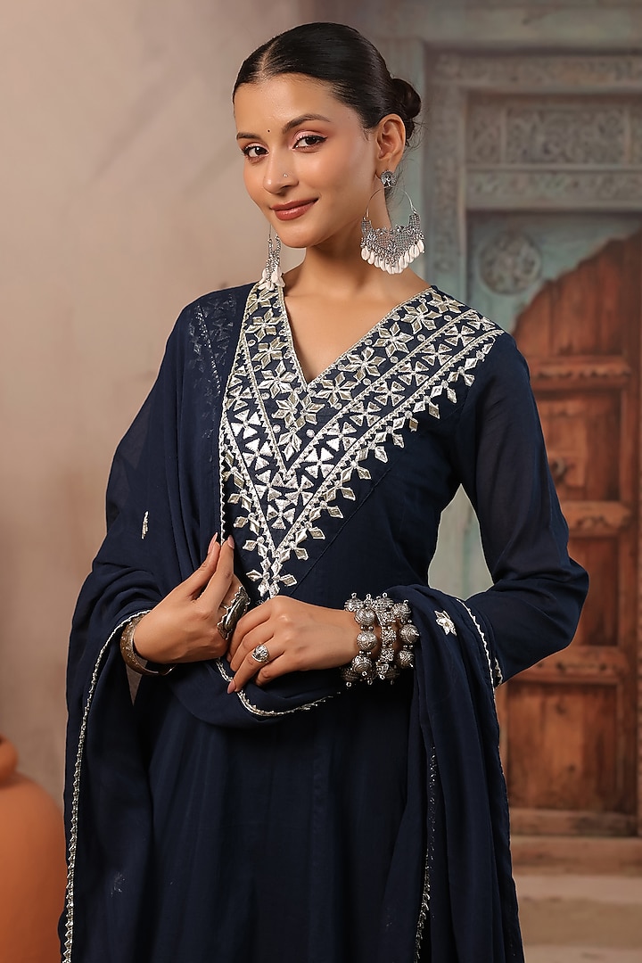 Indigo Cotton Mulmul Gota Embroidered Anarkali Set by Scakhi Luxe at Pernia's Pop Up Shop