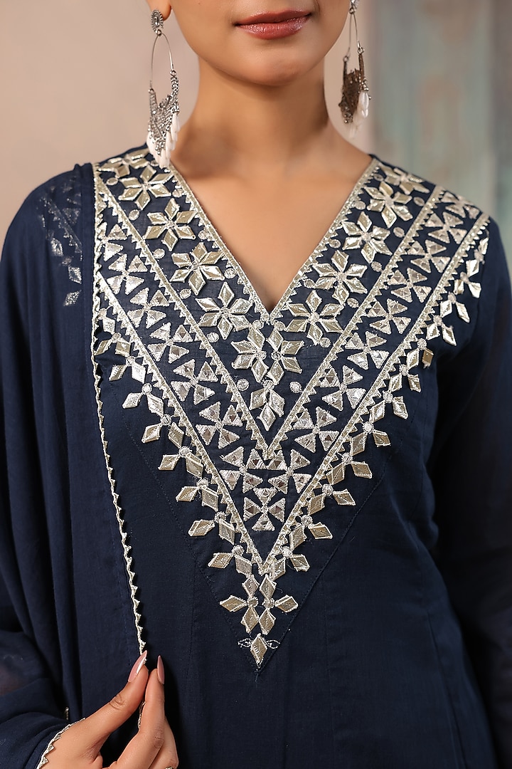 Indigo Cotton Mulmul Gota Embroidered Anarkali Set by Scakhi Luxe at Pernia's Pop Up Shop
