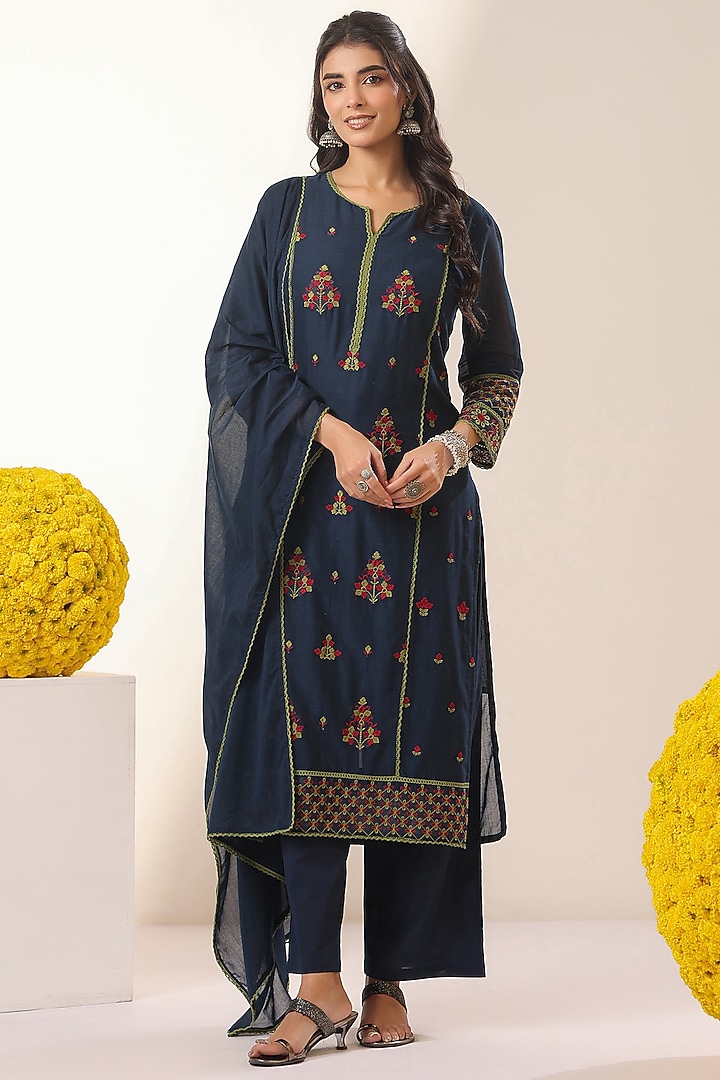 Navy Blue Cotton Mulmul Chikankari Embroidered Kurta Set by Scakhi Luxe at Pernia's Pop Up Shop