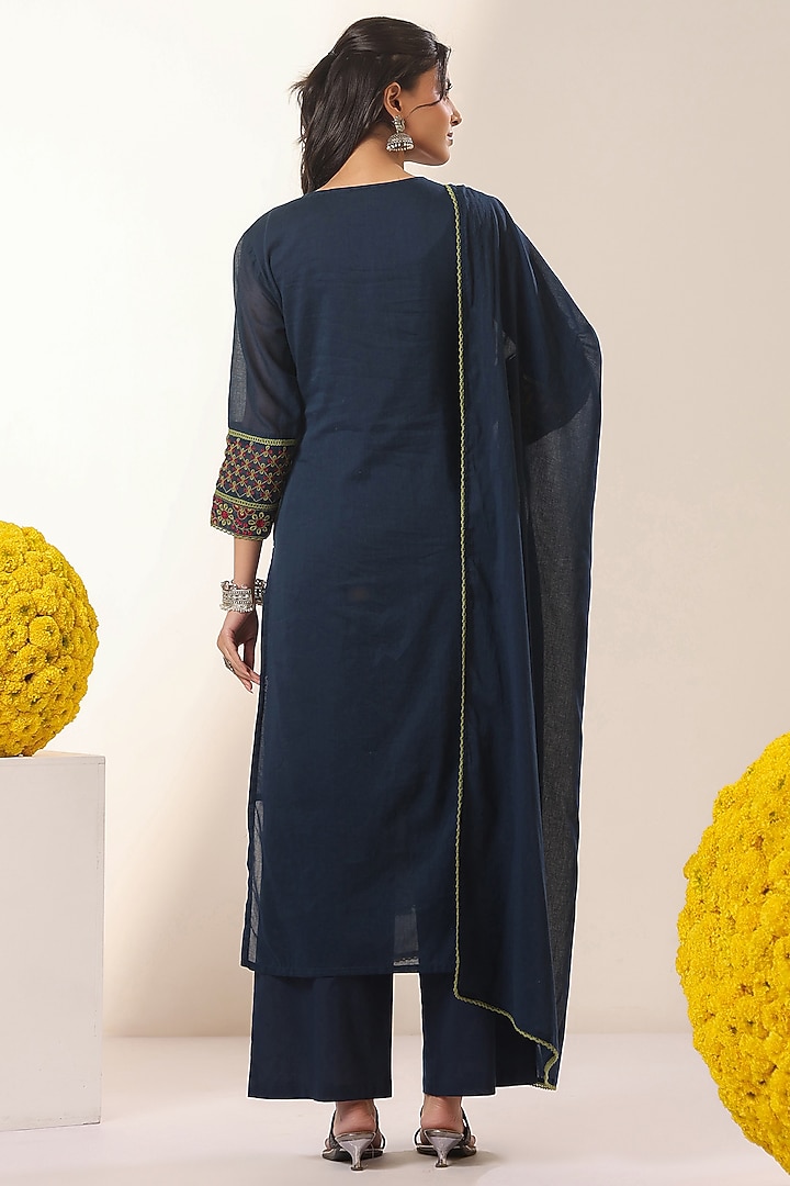 Navy Blue Cotton Mulmul Chikankari Embroidered Kurta Set by Scakhi Luxe at Pernia's Pop Up Shop