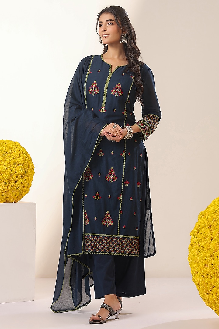 Navy Blue Cotton Mulmul Chikankari Embroidered Kurta Set by Scakhi Luxe at Pernia's Pop Up Shop