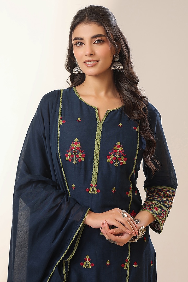 Navy Blue Cotton Mulmul Chikankari Embroidered Kurta Set by Scakhi Luxe at Pernia's Pop Up Shop