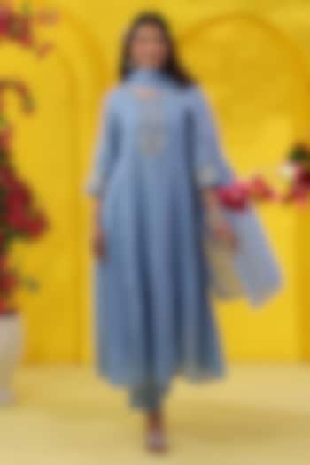 Powder Blue Cotton Mulmul Embroidered Anarkali Set by Scakhi Luxe at Pernia's Pop Up Shop