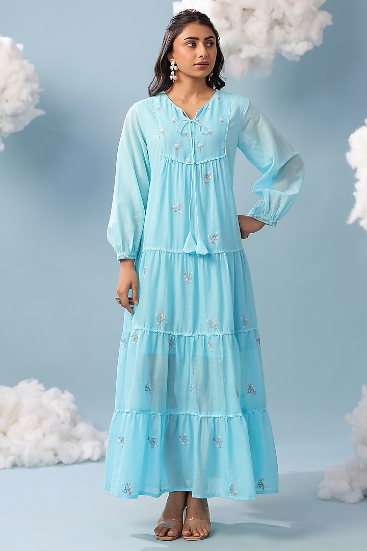 Aqua Cotton Mulmul Embroidered Tiered Maxi Summer Dress by Scakhi Luxe at Pernia's Pop Up Shop