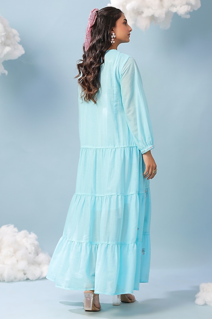 Aqua Cotton Mulmul Embroidered Tiered Maxi Summer Dress by Scakhi Luxe at Pernia's Pop Up Shop
