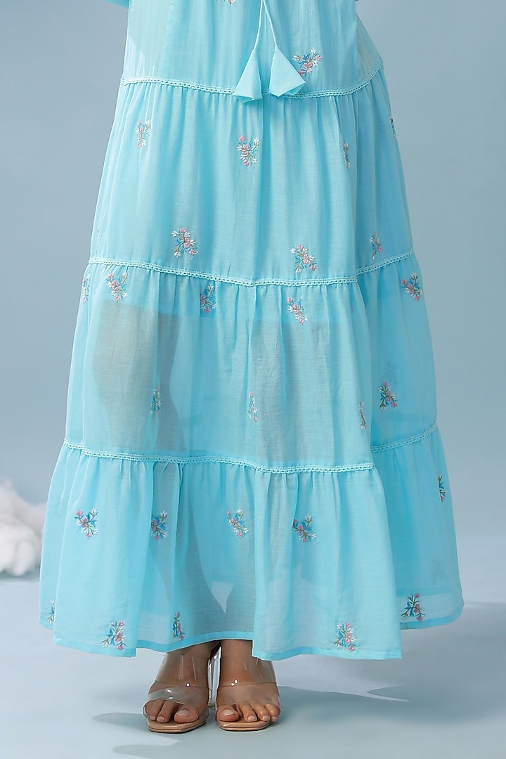 Aqua Cotton Mulmul Embroidered Tiered Maxi Summer Dress by Scakhi Luxe at Pernia's Pop Up Shop