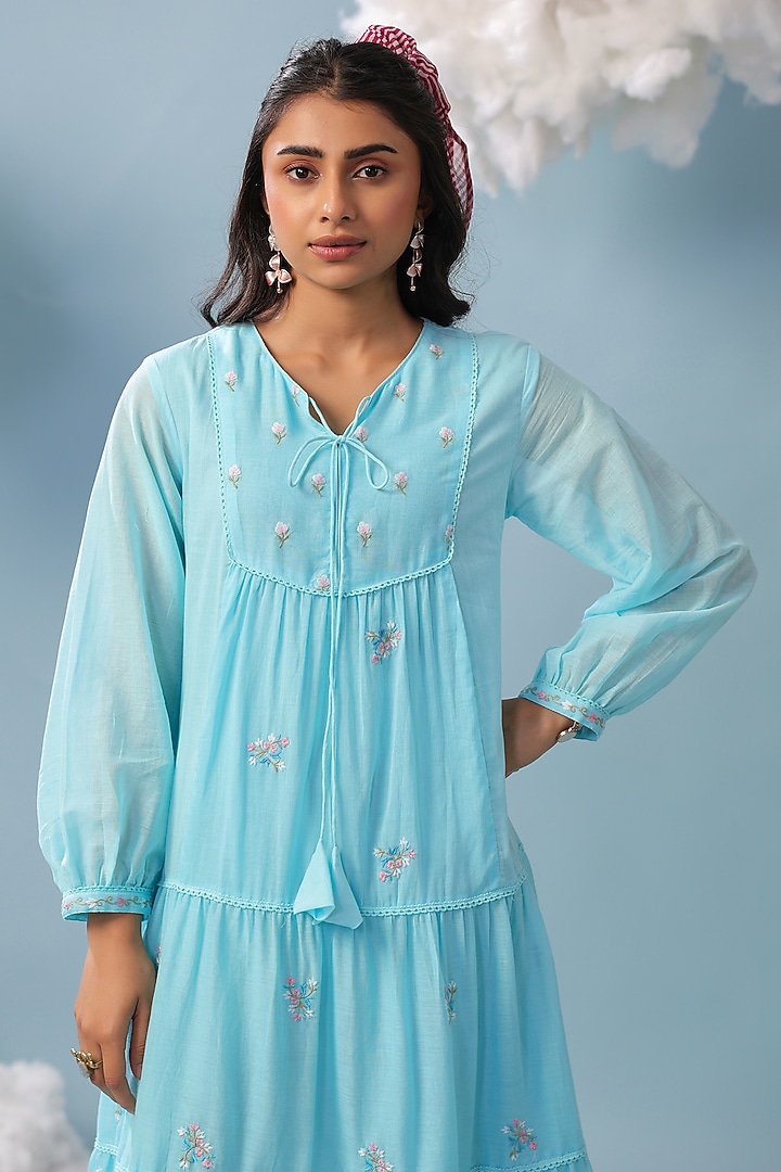 Aqua Cotton Mulmul Embroidered Tiered Maxi Summer Dress by Scakhi Luxe at Pernia's Pop Up Shop