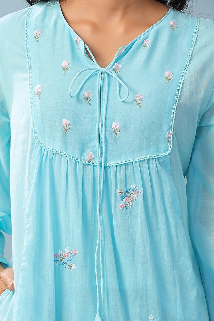Aqua Cotton Mulmul Embroidered Tiered Maxi Summer Dress by Scakhi Luxe at Pernia's Pop Up Shop
