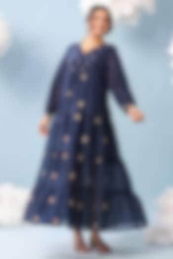 Indigo Cotton Mulmul Embroidered Tiered Maxi Summer Dress by Scakhi Luxe at Pernia's Pop Up Shop