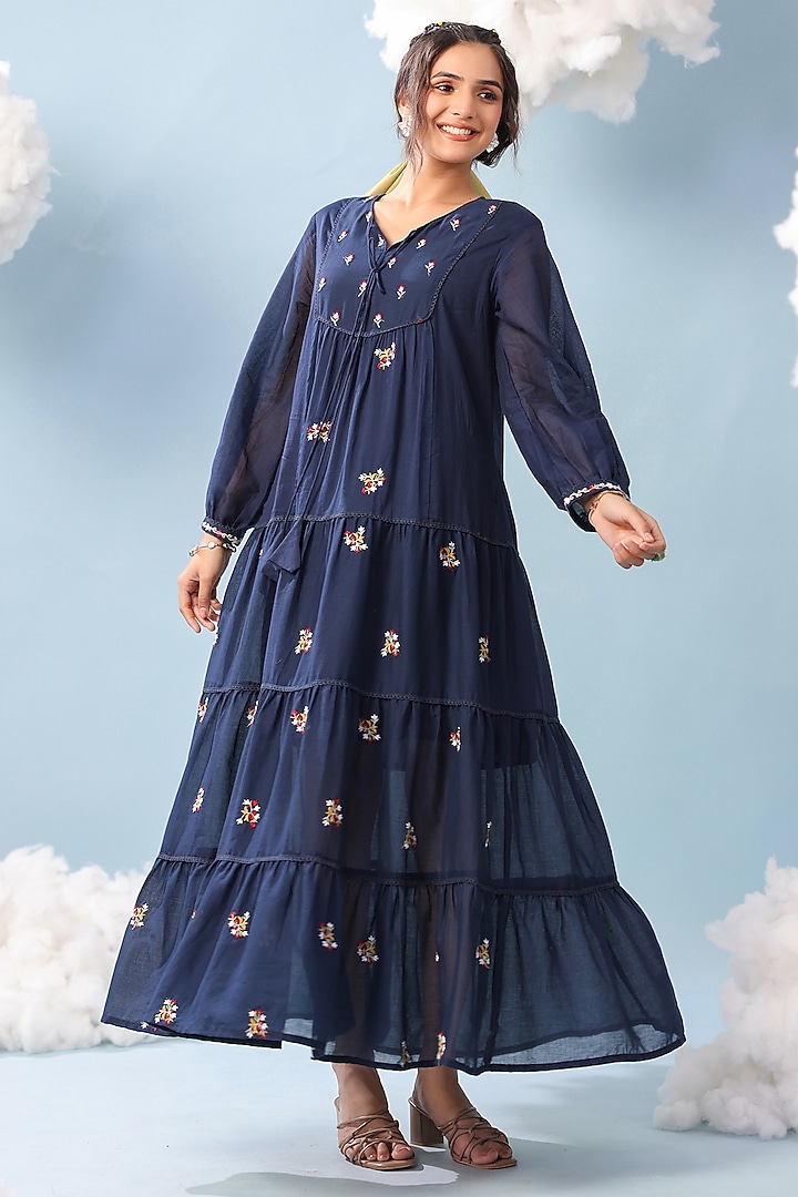 Indigo Cotton Mulmul Embroidered Tiered Maxi Summer Dress by Scakhi Luxe at Pernia's Pop Up Shop