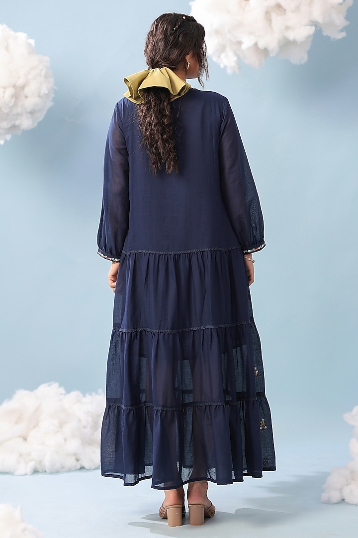 Indigo Cotton Mulmul Embroidered Tiered Maxi Summer Dress by Scakhi Luxe at Pernia's Pop Up Shop