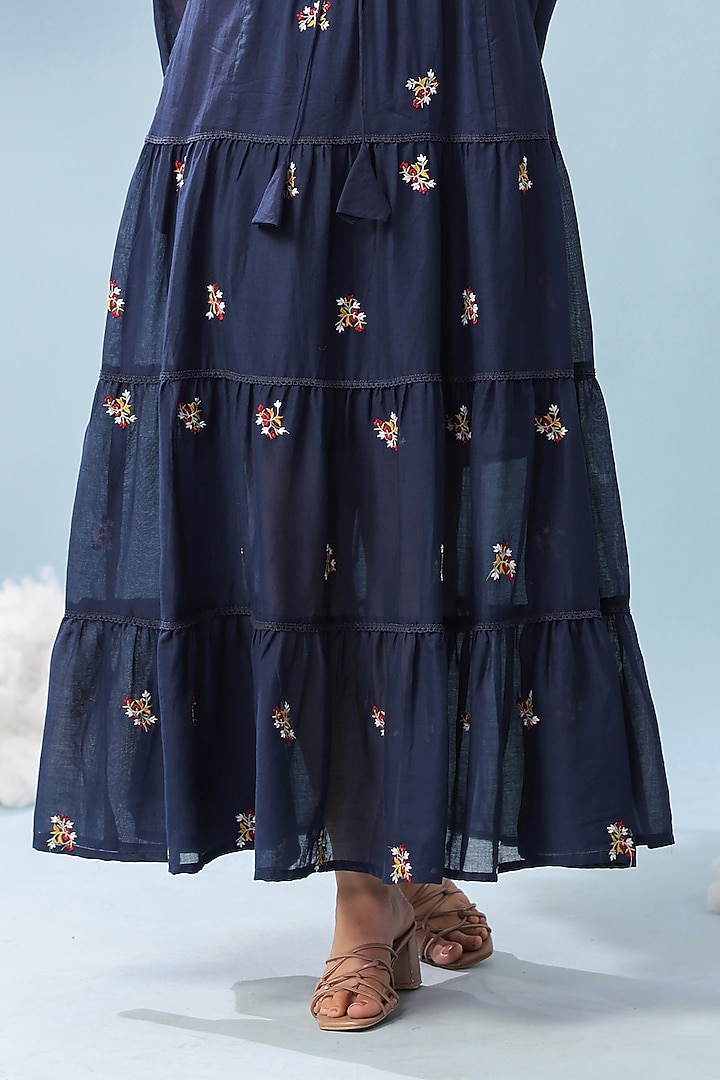 Indigo Cotton Mulmul Embroidered Tiered Maxi Summer Dress by Scakhi Luxe at Pernia's Pop Up Shop