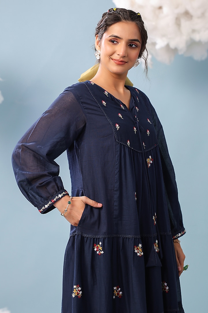Indigo Cotton Mulmul Embroidered Tiered Maxi Summer Dress by Scakhi Luxe at Pernia's Pop Up Shop