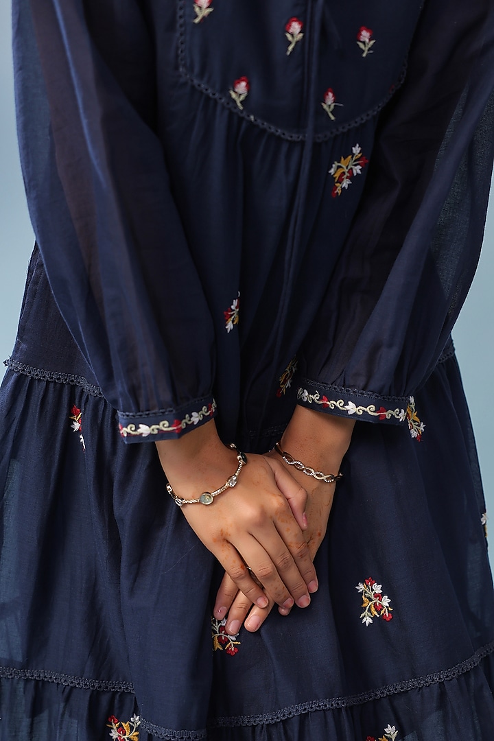Indigo Cotton Mulmul Embroidered Tiered Maxi Summer Dress by Scakhi Luxe at Pernia's Pop Up Shop