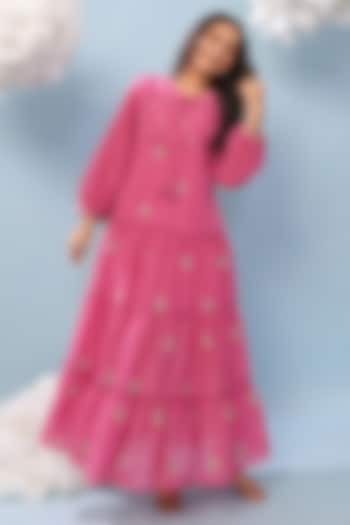 Rose Pink Cotton Mulmul Embroidered Tiered Maxi Summer Dress by Scakhi Luxe at Pernia's Pop Up Shop