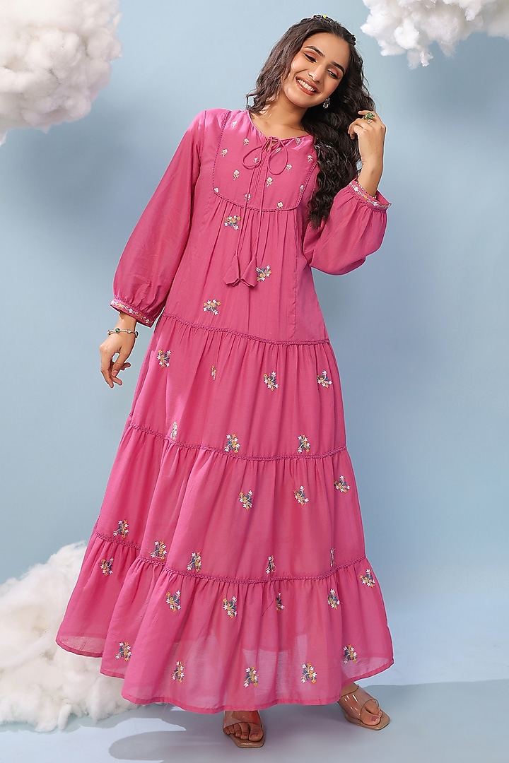Rose Pink Cotton Mulmul Embroidered Tiered Maxi Summer Dress by Scakhi Luxe at Pernia's Pop Up Shop