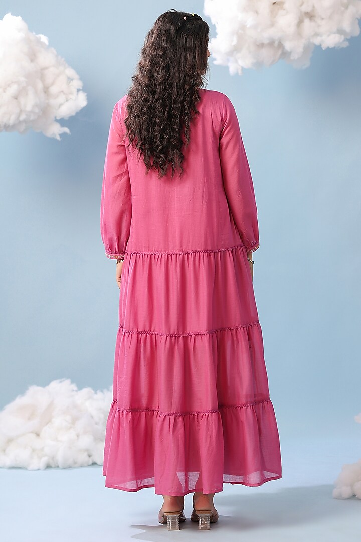 Rose Pink Cotton Mulmul Embroidered Tiered Maxi Summer Dress by Scakhi Luxe at Pernia's Pop Up Shop