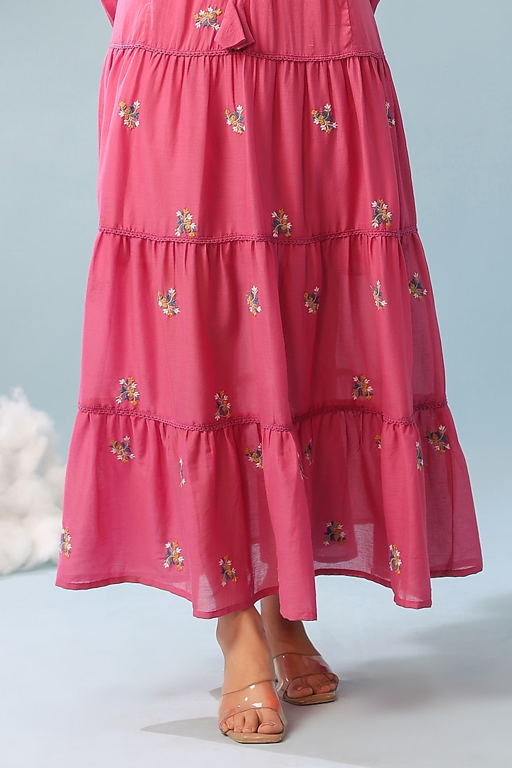 Rose Pink Cotton Mulmul Embroidered Tiered Maxi Summer Dress by Scakhi Luxe at Pernia's Pop Up Shop