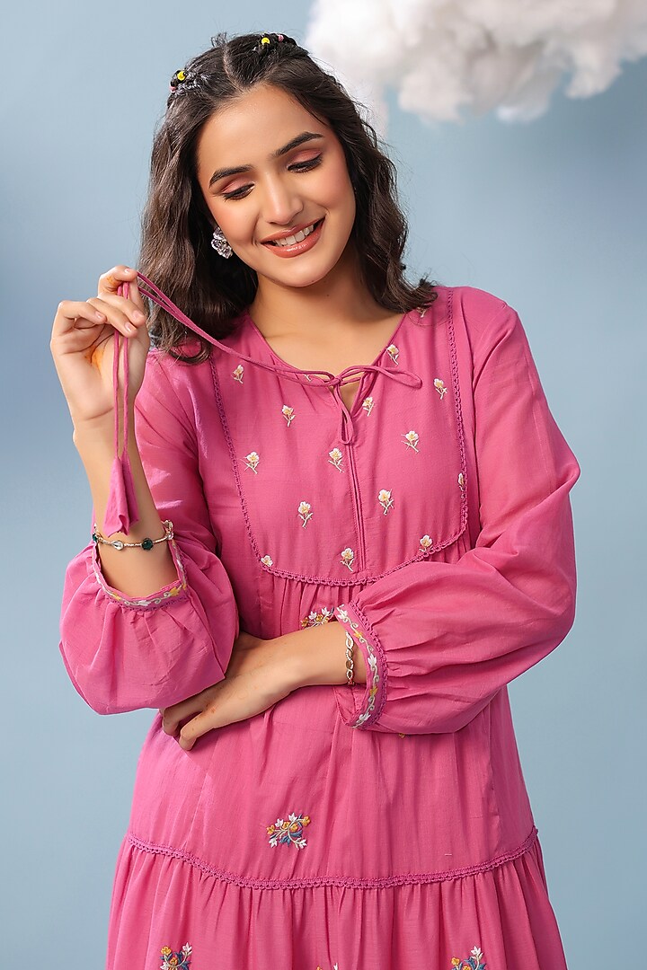 Rose Pink Cotton Mulmul Embroidered Tiered Maxi Summer Dress by Scakhi Luxe at Pernia's Pop Up Shop