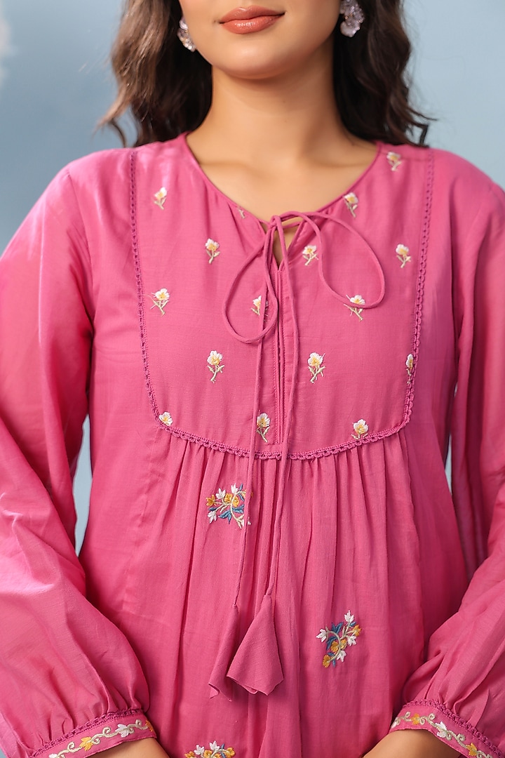 Rose Pink Cotton Mulmul Embroidered Tiered Maxi Summer Dress by Scakhi Luxe at Pernia's Pop Up Shop