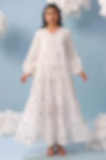 White Cotton Mulmul Embroidered Tiered Maxi Summer Dress by Scakhi Luxe at Pernia's Pop Up Shop