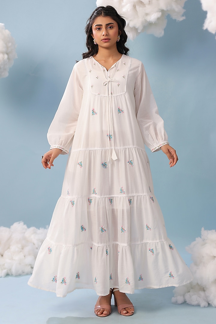 White Cotton Mulmul Embroidered Tiered Maxi Summer Dress by Scakhi Luxe at Pernia's Pop Up Shop