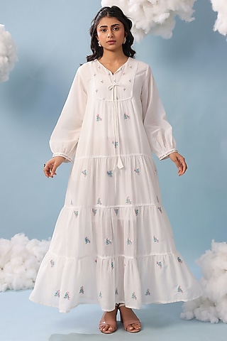 White Cotton Mulmul Embroidered Tiered Maxi Dress by Scakhi Luxe